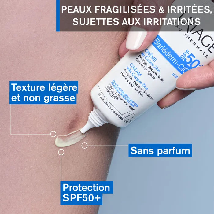 Uriage BARIÉDERM-CICA - Crème Protectrice au Cuivre-Zinc SPF50+ - Visage et Corps - Peaux Fragilisées et Irritées, 40ml