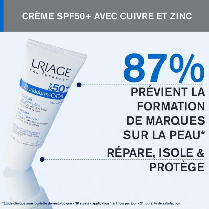 Uriage BARIÉDERM-CICA - Crème Protectrice au Cuivre-Zinc SPF50+ - Visage et Corps - Peaux Fragilisées et Irritées, 40ml