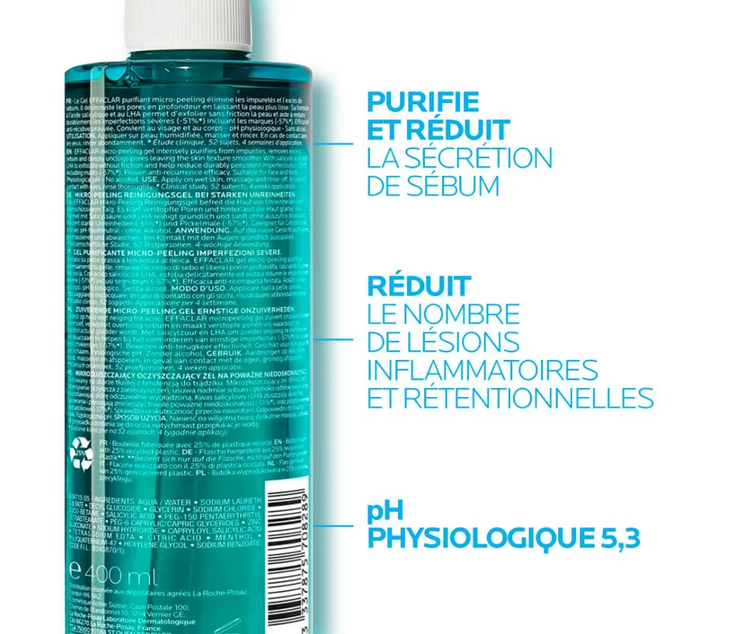 LA ROCHE POSAY EFFACLAR - Gel Purifiant MicroPeeling Imperfections Sévères - Visage, buste, épaule & dos, 400ml